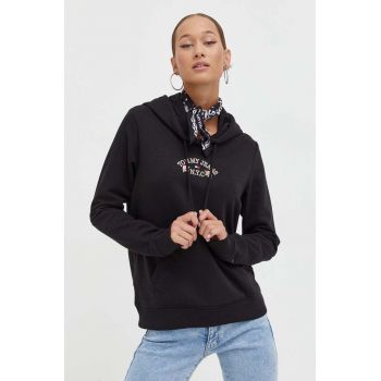 Tommy Jeans bluza femei, culoarea negru, cu glugă, cu imprimeu