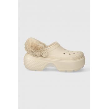 Crocs papuci Stomp Lined Clog femei, culoarea bej, cu platforma, 208546