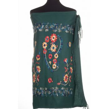 Esarfa cashmere cu model floral brodat pe fond verde ieftina