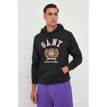 Gant hanorac de bumbac barbati, culoarea negru, cu glugă, cu imprimeu