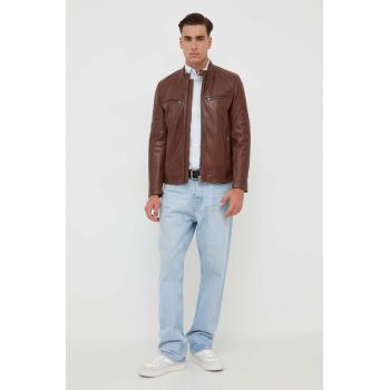 Pepe Jeans geaca de piele barbati, culoarea maro, de tranzitie