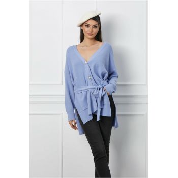 Cardigan Andreea bleu cu buzunare si cordon in talie