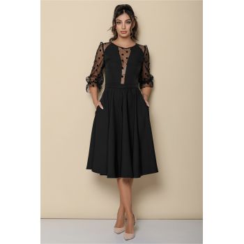 Rochie eleganta neagra cu maneci din tull cu buline catifelate