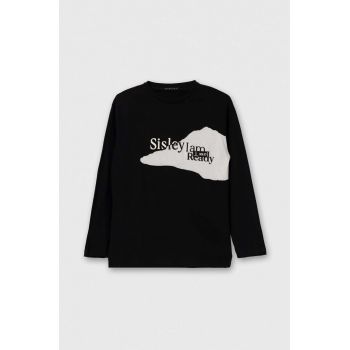 Sisley longsleeve din bumbac pentru copii culoarea negru, cu imprimeu