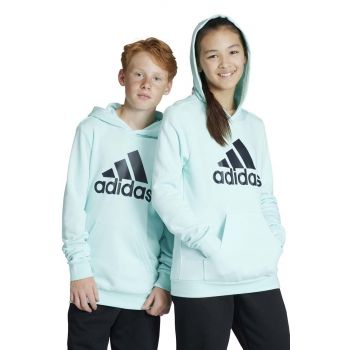 adidas bluza copii culoarea turcoaz, cu glugă, cu imprimeu