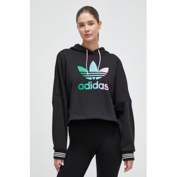 adidas Originals hanorac de bumbac femei, culoarea negru, cu glugă, cu imprimeu