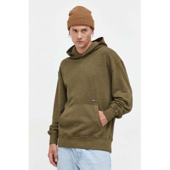 Tommy Jeans hanorac de bumbac barbati, culoarea verde, cu glugă, cu imprimeu