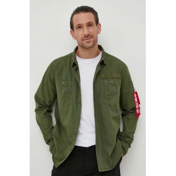 Alpha Industries camasa din bumbac barbati, culoarea verde, cu guler clasic, regular