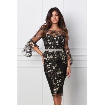 Rochie eleganta neagra cu broderie florala bej