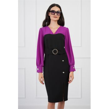 Rochie Moze neagra cu mov la bust si catarama in talie