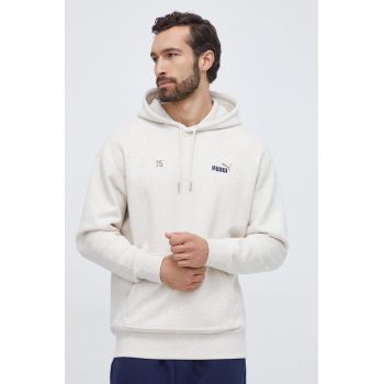 Puma hanorac de bumbac barbati, culoarea bej, cu glugă, cu imprimeu