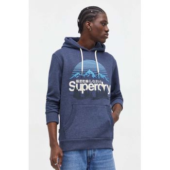 Superdry bluza barbati, culoarea albastru marin, cu glugă, cu imprimeu