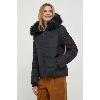 Alpha Industries geaca Hooded Puffer Wmn femei, culoarea negru, de iarna