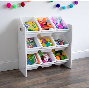 Organizator din lemn Ginger Home pentru jucarii cu 9 cutii din plastic Alb