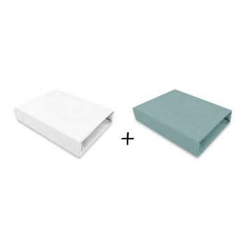 Set 2 cearceafuri cu elastic pentru patut 90x40 cm din bumbac Qmini white and dark mint