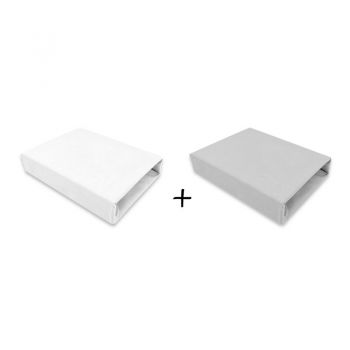 Set 2 cearceafuri cu elastic pentru patut 90x50 cm din bumbac Qmini white and grey