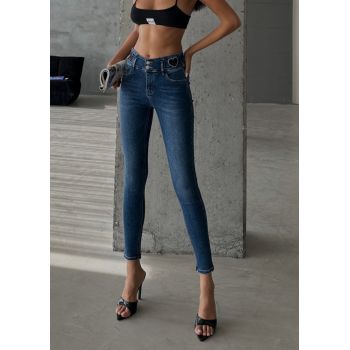 Blugi skinny elastici cu strasuri pe talie