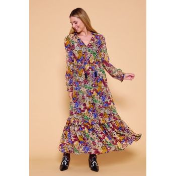 Rochie lunga cu volane si imprimeu floral in nuante de toamna