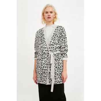 Cardigan cu animal print si cordon in talie la reducere