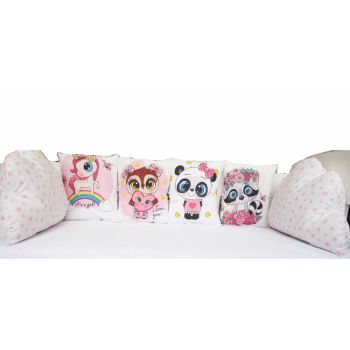 Set 6 pernute pentru patut cu panglici Nichiduta Happy Animals Pink