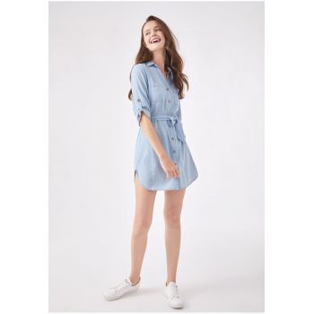 Rochie-camasa de denim cu cordon in talie Bloutfit 6883