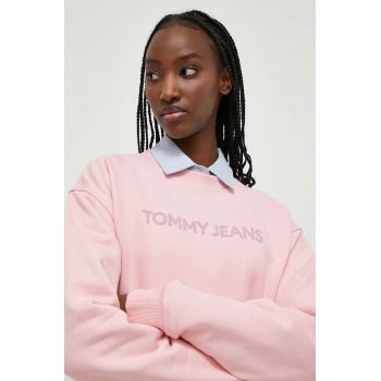 Tommy Jeans hanorac de bumbac femei, culoarea roz, cu imprimeu DW0DW17327