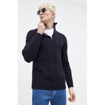 Superdry pulover din amestec de lana barbati, culoarea albastru marin, călduros, cu turtleneck