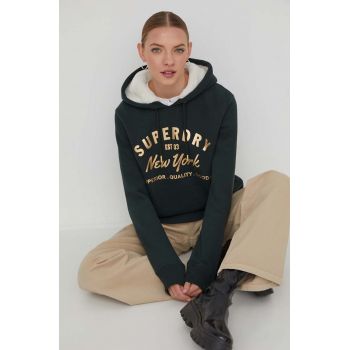 Superdry bluza femei, culoarea verde, cu glugă, cu imprimeu