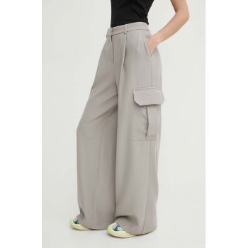 Stine Goya pantaloni femei, culoarea gri, lat, high waist SG5435