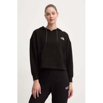 The North Face bluză Mhysa femei, culoarea negru, cu glugă, cu imprimeu, NF0A853WJK31