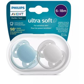 Set 2 Suzete Ultra Soft 6-18luni Ortodontice Fara BPA Gri/Albastru