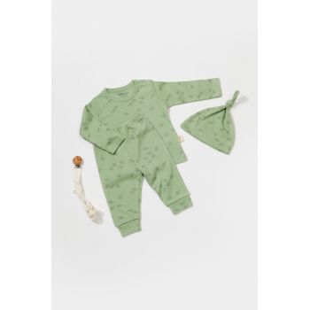 Set 3 piese:bluza, pantaloni si caciulita Printed, BabyCosy, 50% modal+50% bumbac, Verde de firma original