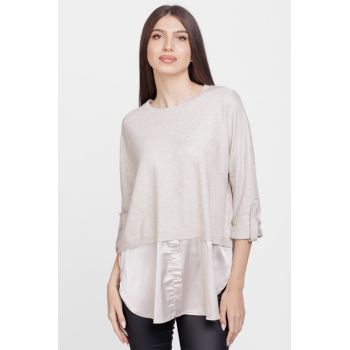 Bluza angora tip camasa, cu satin la baza, bej