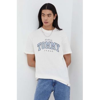 Tommy Jeans tricou din bumbac bărbați, culoarea verde, cu imprimeu DM0DM18287