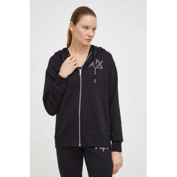 Armani Exchange bluza femei, culoarea negru, cu glugă, cu imprimeu