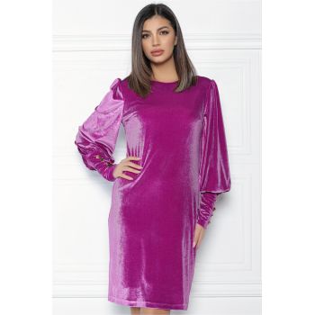 Rochie eleganta fucsia din catifea cu nasturi pe maneci