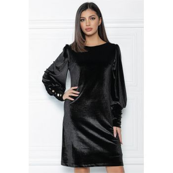 Rochie eleganta neagra din catifea cu nasturi pe maneci