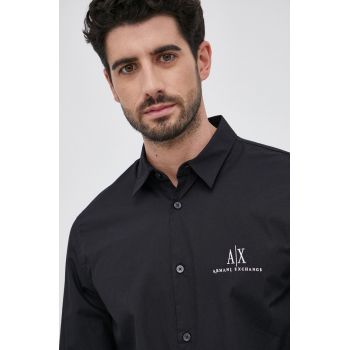 Armani Exchange Cămașă din bumbac bărbați, culoarea negru, cu guler clasic, regular