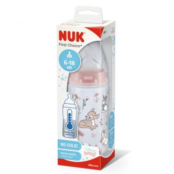 Biberon Nuk First Choice PP 300 ml control temperatura si tetina din silicon M 6-18 luni Disney Bambi