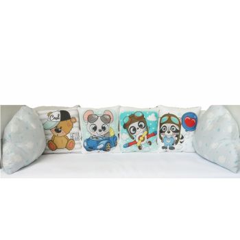 Set 6 pernute pentru patut cu panglici Nichiduta Happy Animals Blue