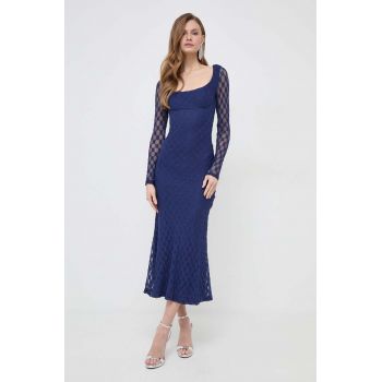 Bardot rochie culoarea albastru marin, maxi, mulata