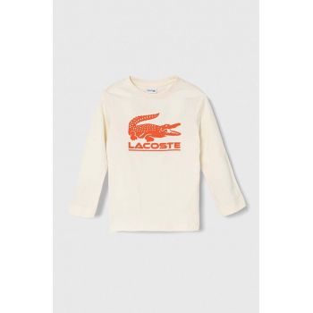 Lacoste longsleeve din bumbac pentru copii culoarea bej, cu imprimeu