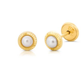 Cercei din aur 14k pentru copii, Striped Circle and Small Pearls