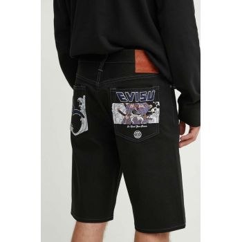 Evisu pantaloni scurți din denim bărbați, culoarea negru