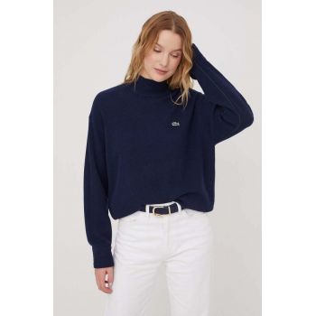 Lacoste pulover de lana femei, culoarea albastru marin, cu turtleneck