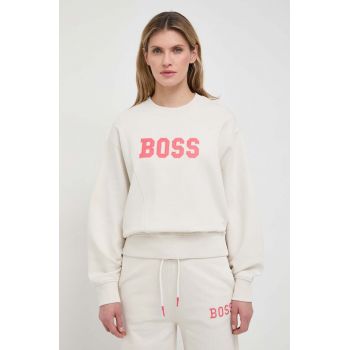 BOSS Orange hanorac de bumbac femei, culoarea bej, cu imprimeu 50518009