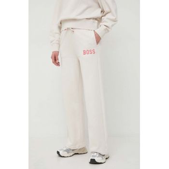 BOSS Orange pantaloni de trening din bumbac culoarea bej, cu imprimeu 50518036