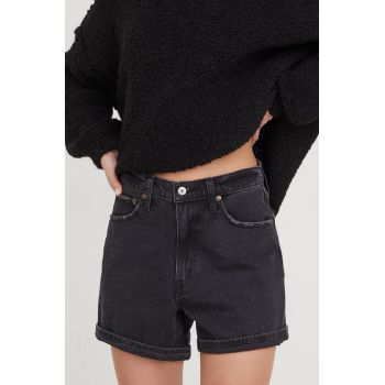 Abercrombie & Fitch pantaloni scurti jeans femei, culoarea negru, neted, high waist