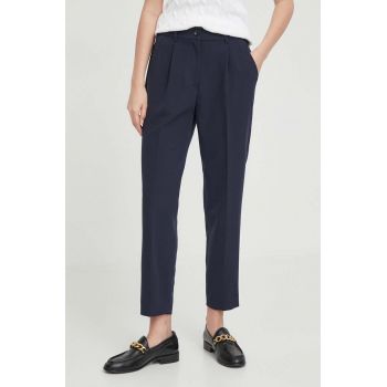 Sisley pantaloni femei, culoarea albastru marin, drept, high waist