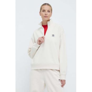 adidas Originals bluză Essentials Halfzip Sweatshirt femei, culoarea bej, uni, IR5940
